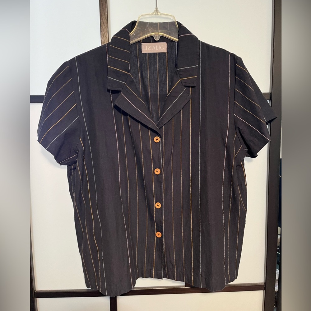 Liz Alig Handwoven Cotton Button-Up Navy Women's Top NWOT